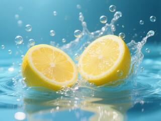 Fresh lemon halves splashing in clear water on blue background  