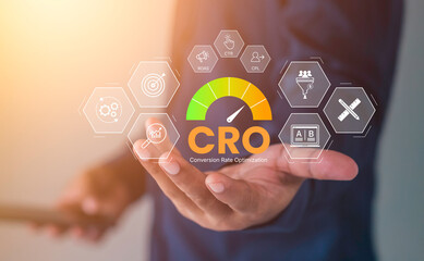 CRO concept, conversion rate optimization, digital marketing strategy, business professional analysis CRO, featuring KPI metrics CTR, ROAS, CPL, and A B testing icons for website performance growth