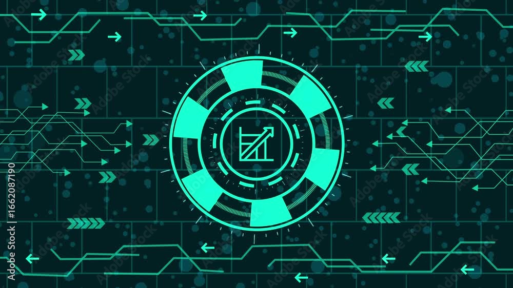 Wall mural animated hud interface element with a graph icon in the center of a chip on a dark background abstra