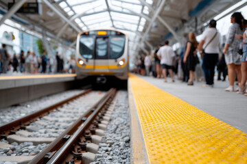 Obraz premium Train approaching platform with safety line visible, passengers waiting behind yellow line, 