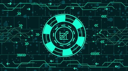 Animated hud interface element with a graph icon in the center of a chip on a dark background abstract animated interface element for a video about business - Powered by Adobe