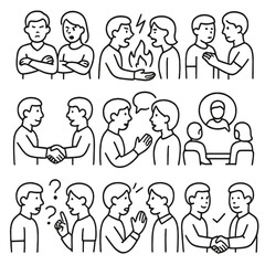 Conflict Resolution Icons. Line style icons of conflict and resolution in conversation: disagreement with arms crossed, debate