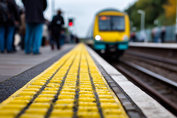 Railway platform scene, passenger waiting behind the yellow safety line, approaching train blurred in background,