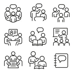 Educational Group Icons. Line style icons of educational group discussions: students in round discussion, teacher mediating talk,