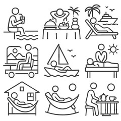 Icons of Leisure. Line style icons of vacation leisure scenes: person sipping drink by pool, all-inclusive buffet relaxation, spa