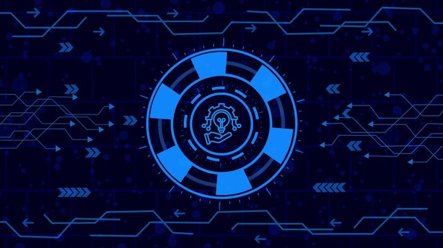  Futuristic digital interface featuring a glowing gear symbol, representing advanced technology, artificial intelligence, and the concept of innovation and mechanical processes