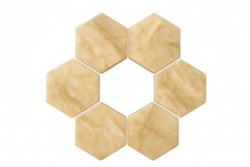 Hexagonal marble tiles arranged in circular formation, creating sleek geometric pattern against transparent backdrop with pristine architectural aesthetic