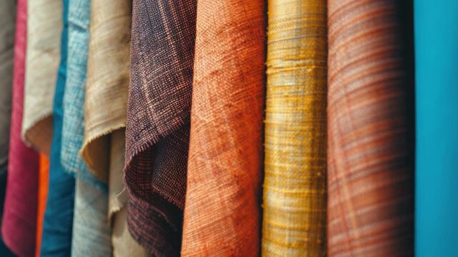 A collection of colorful fabrics hung on a wall for display or use