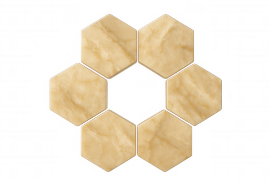 Hexagonal marble tiles arranged in circular formation, creating sleek geometric pattern against transparent backdrop with pristine architectural aesthetic - Powered by Adobe