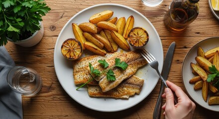 Grilled fish with roasted potatoes and citrus garnish on rustic table setting