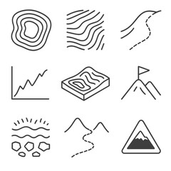 Topography Icon Set. Line style icons of topography and terrain maps: elevation contour lines, hillshade terrain view, trail on