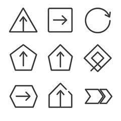 Geometric Arrow Icons. Line style icons of arrows with geometric shapes: triangle with arrow, square with arrow exit, circle arrow