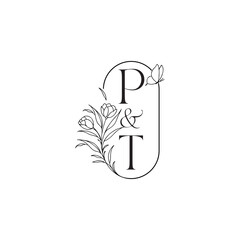 caligraphic style monogram luxury minimalist logo design PT wedding initial concept alphabet letter