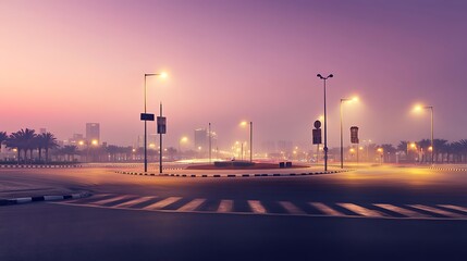 A roundabout at dusk with street lights and palm trees in the background view