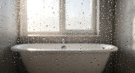 Fototapeta premium Rainy day bathroom view through a window with water droplets on the glass.