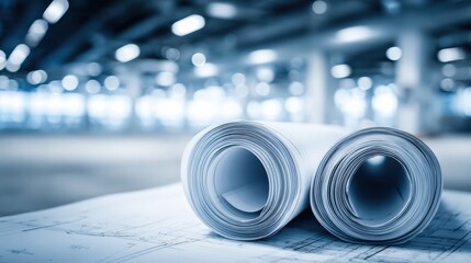 Architectural blueprints rolled on table in industrial workspace with soft lighting