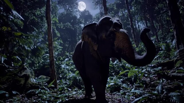 A majestic elephant in a moonlit jungle, captured from a low-angle. The scene evokes a cinematic video feel with dramatic lighting and shadows. Live desktop wallpaper.