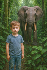 kleiner Junge im Urwald mit gro&szlig;em Elefant 