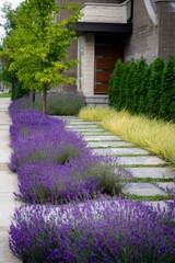 Naklejka premium Lavender plants line a stone pathway beside a modern building in a peaceful urban setting during springtime, creating a vibrant and inviting atmosphere