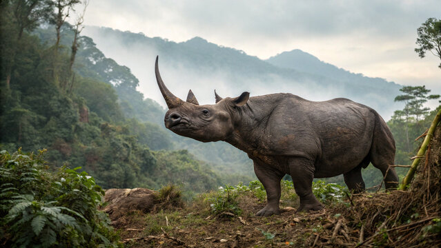 Extinct animal Javan rhinoceros isolated on white background