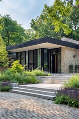 Contemporary architectural design of a modern home surrounded by lush greenery in a tranquil neighborhood during daylight