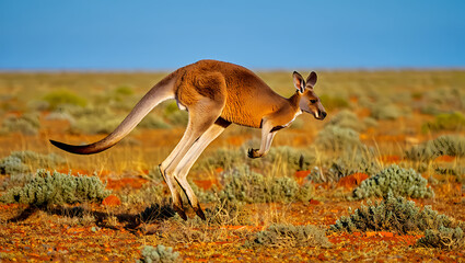 Photo of a red kangaroo hopping across the australian outback desert landscape under a clear blue sky