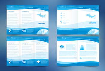 Business brochure design template folder leaflet booklet airplate takeoff transtortation blue color