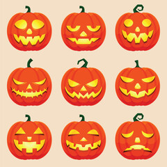 Set of Halloween Pumpkins with Different Faces