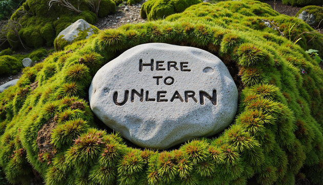 Stone circle laid in moss with retreat motto carved on center rock: Here to unlearn  