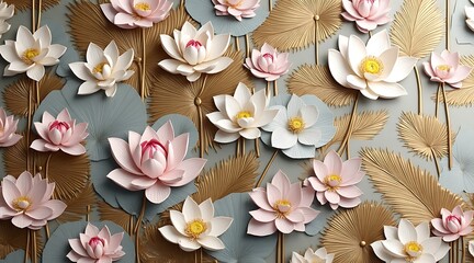 Delicate pink and white lotus flowers bloom on a textured wooden background