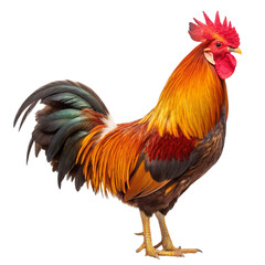 Fototapeta premium Rooster isolated with colorful feathers bright red comb and sharp beak on clean white background