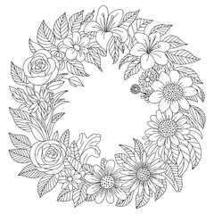 Floral Wreath Line Art with Roses and Leaves for Coloring Book or Frame Design