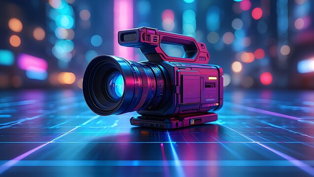 Professional video camera with a futuristic neon glow set against a blurred bokeh background of vibrant city lights perfect for media production and technology concepts - Powered by Adobe