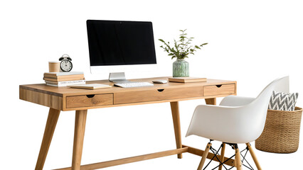 Modern Minimalist Home Office with Wooden Desk isolated on white and transparent background