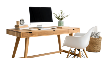 Modern Minimalist Home Office with Wooden Desk isolated on white and transparent background
