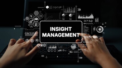 Business Hands Typing Insight Management Data Analytics Graphics on Laptop Screen with Abstract Data Visualization Elements. Asymptotic smart data analytic.