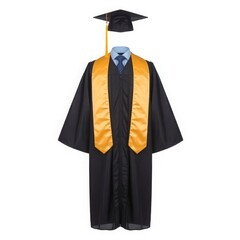 Black graduation gown gold stole blue shirt tie academic regalia