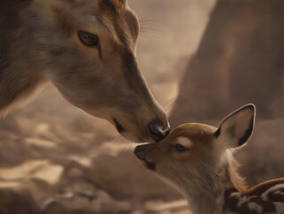 Close-up of a deer and fawn gently touching noses in a serene natural setting, showcasing a tender moment between mother and offspring in soft lighting