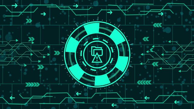 A futuristic interface with a glowing green circle containing a folder icon, surrounded by circuitlike patterns and arrows, creating a hightech digital backdrop