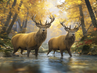 Fototapeta premium Two majestic deer with large antlers standing in a serene river surrounded by vibrant autumn foliage, showcasing the beauty of wildlife in nature's tranquil setting