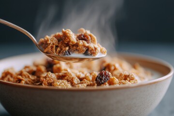 Spoon Lifting Raisin Bran Cereal from Bowl with Warm Autumn Background