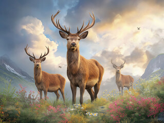 Majestic stag stands proudly among lush wildflowers, surrounded by two deer in a vibrant landscape, with mountains and a dramatic sky creating a serene natural scene