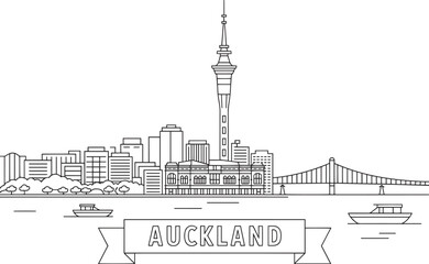 Obraz premium Auckland New Zealand Skyline Linear Style Vector Illustration Cityscape Landmark Panorama Line Art Drawing