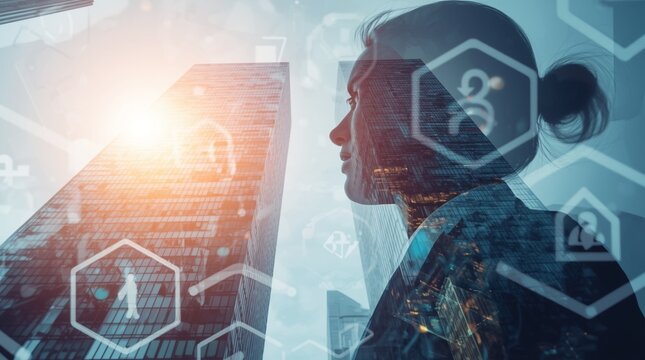 オフィス街の高層ビル群とビジネスウーマンの横顔、ホログラフィックインターフェースの二重露光写真 - Powered by Adobe