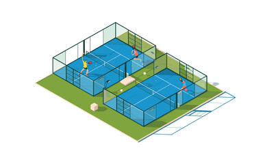 Isometric Padel Tennis Courts with Players in Action: A Modern Sports Concept for Advertisements and Recreational Designs, Emphasizing Activity and Competition.