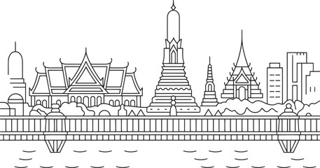 Bangkok Thailand Skyline Line Art with Temples and River Reflection Outline Vector Design
