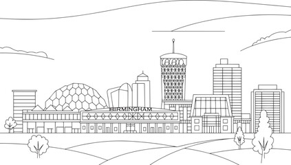 Birmingham Skyline Outline Vector Illustration with Modern Architecture and Cityscape Details