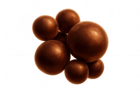 Glossy brown spheres arranged artistically, forming minimalist geometric pattern against transparent backdrop
