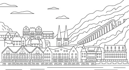 Fototapeta premium Detailed Bergen Skyline Vector Illustration A Captivating Outline of Norway's Coastal City