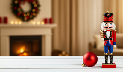 Traditional wooden nutcracker soldier figurine with red Christmas ornament on white wooden table in festive holiday living room with fireplace wreath and candle decorations